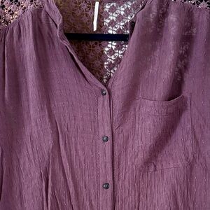 Free People Deep Plum Button-Down Lace  Top